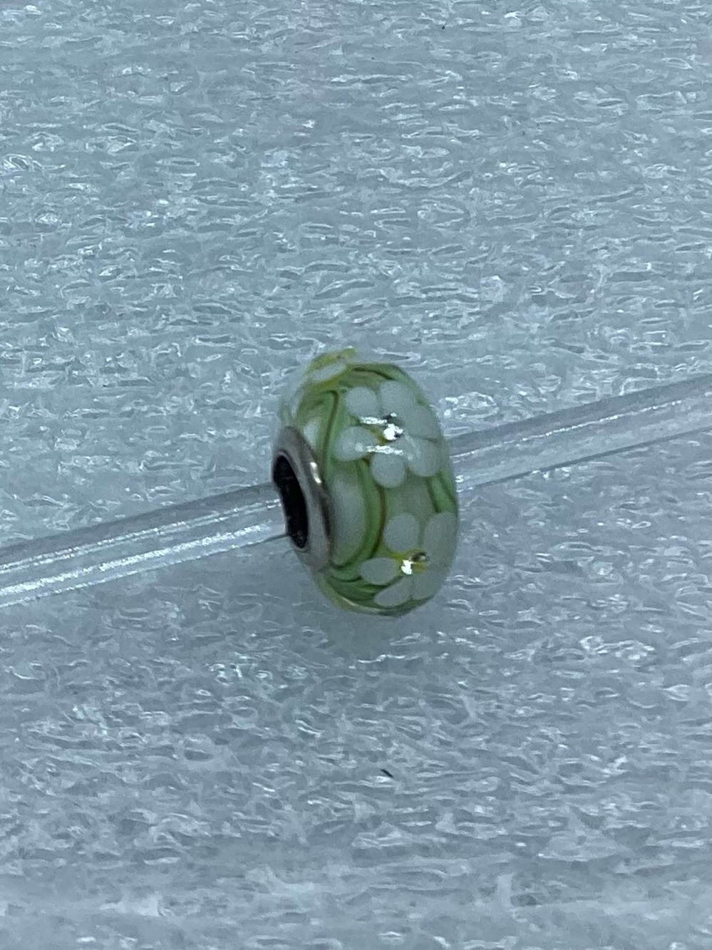 Pandora “Green Base & White Flowers “ Murano Glass Charm  S925 Ale M9-5
